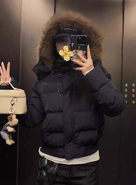 南区菲奥娜藏青色毛领羽绒棉服外套女2025冬季新款加厚短款棉衣袄