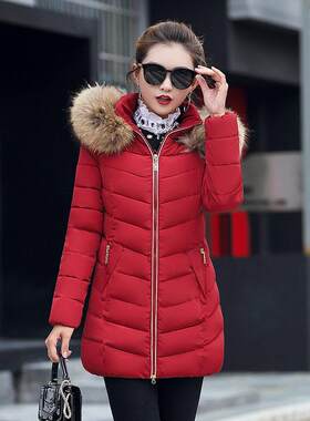 冬季韩版新款休闲百搭女式棉衣女中长款修身时尚毛领棉服外套现货