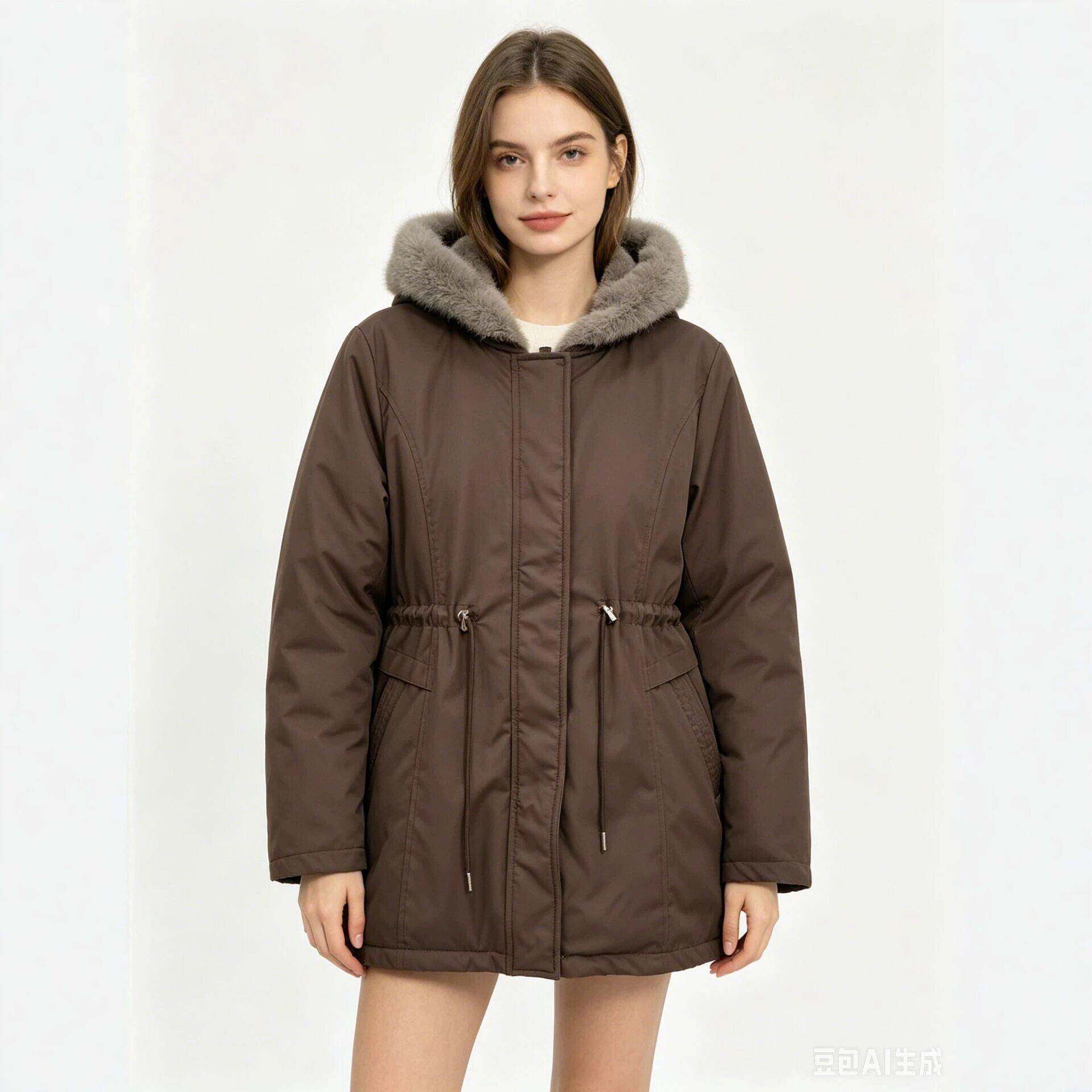 秋冬仿水貂毛连帽中长款派克棉服女双侧抽绳收腰加厚保暖工装棉衣