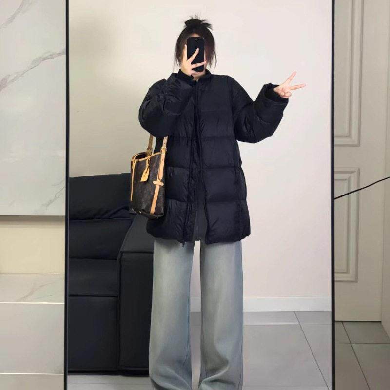 圆领中长款棉服女2026冬季新款修身加厚棉衣时尚简约纯色棉袄外套