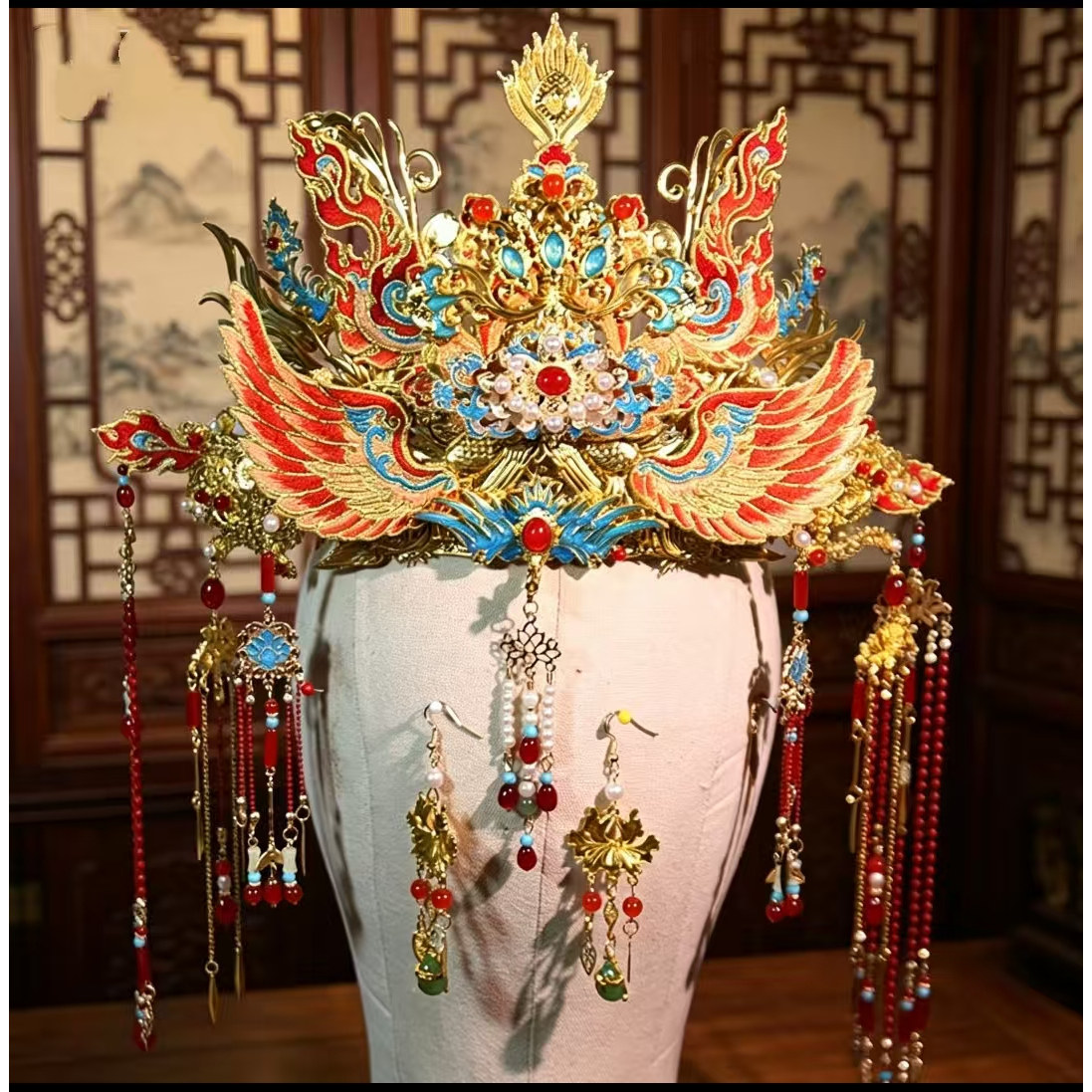 古风凤冠新娘头饰明制汉服婚礼发饰奢华宫廷式烧蓝发冠套装