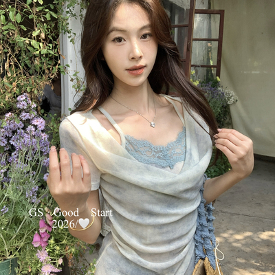 依依家-单加不停～夏氛围感扎染蕾丝假两件短袖小衫D0769W