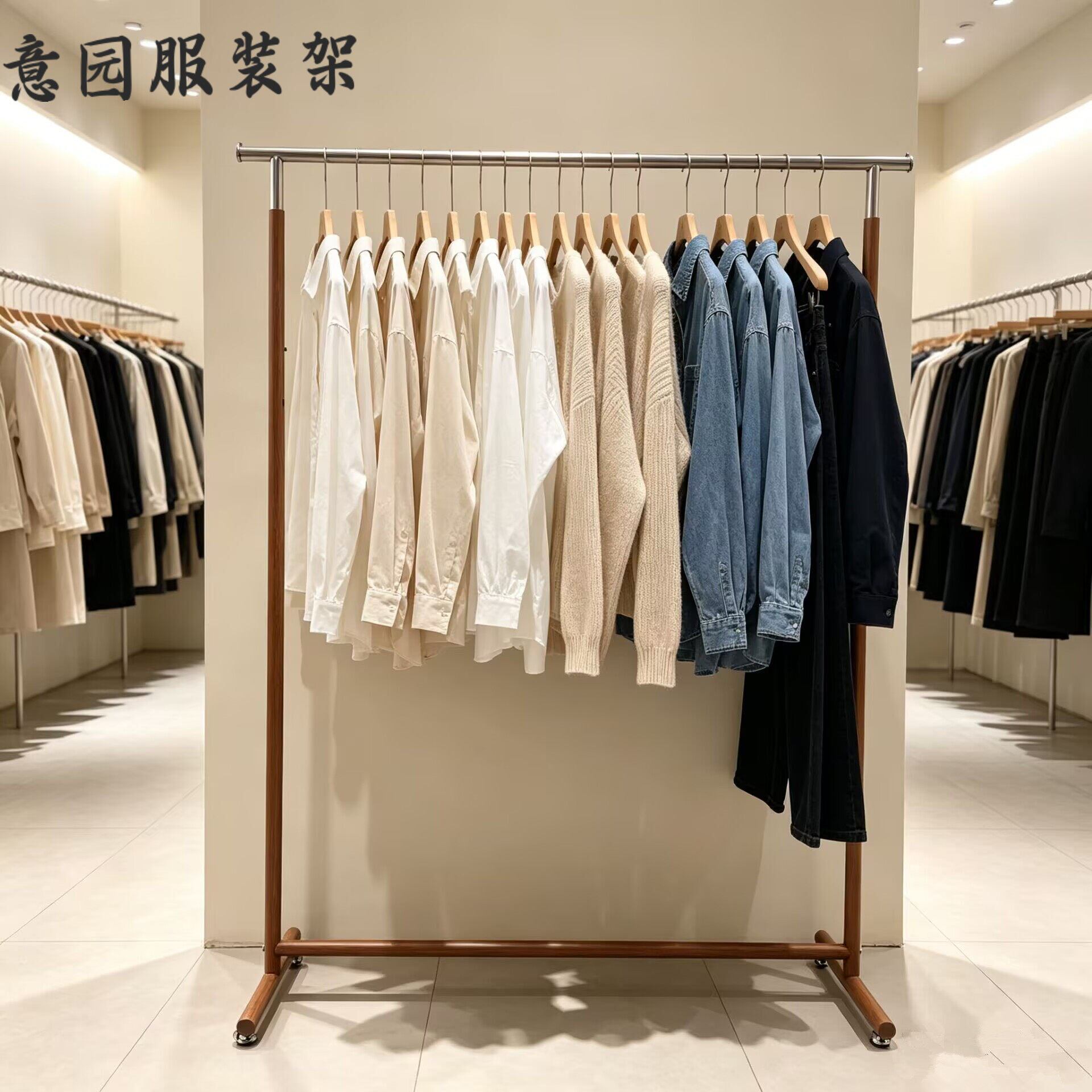 高端服装店展示架落地式挂衣架胡桃原木色木纹中古风中岛架直播间