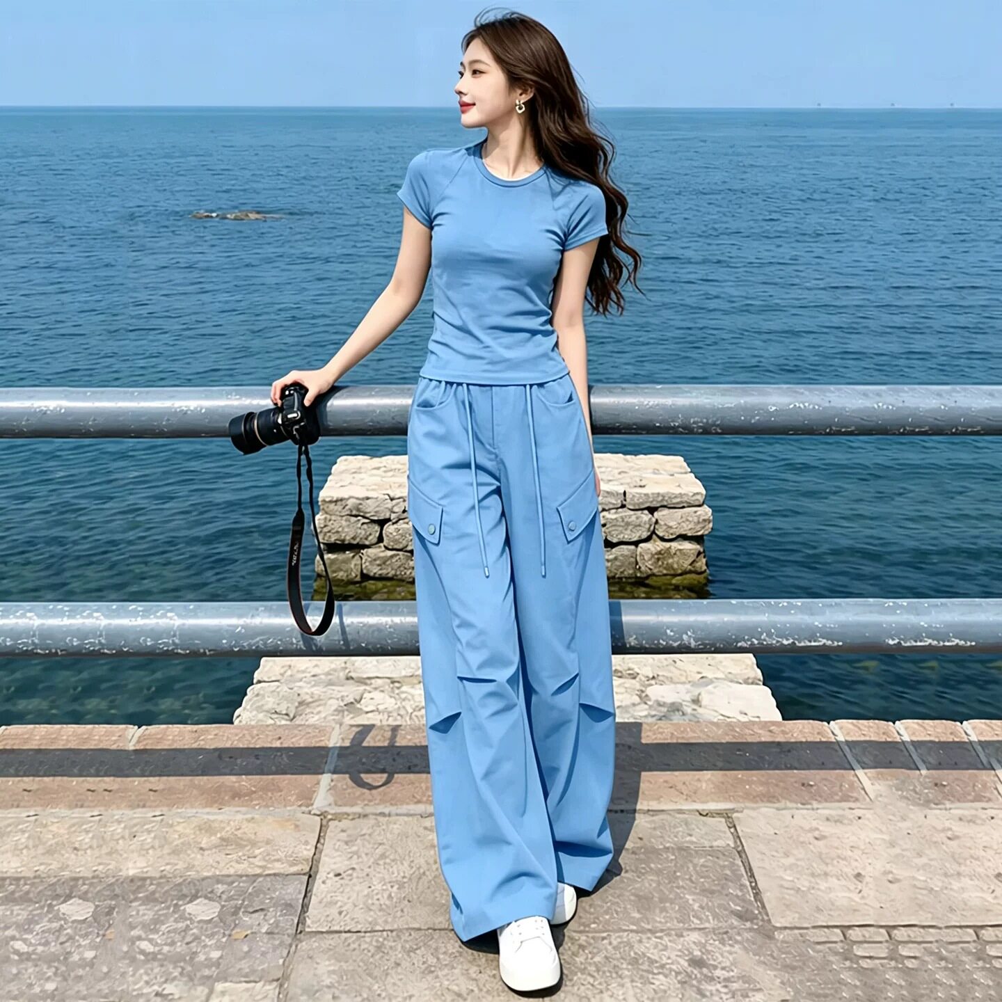 春夏款美式工装风休闲运动套装女夏季时尚减龄短袖阔腿裤两件套潮