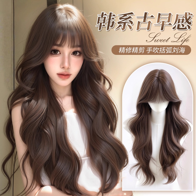 假发全头套女仿真人发丝无痕前额大头皮齐刘海大波浪长卷发假发套