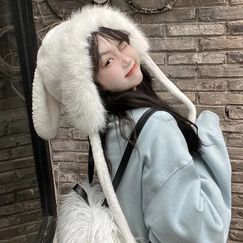 甜美可爱秋冬款长卷发一体可拆卸长耳朵兔子帽子假发显脸小保暖