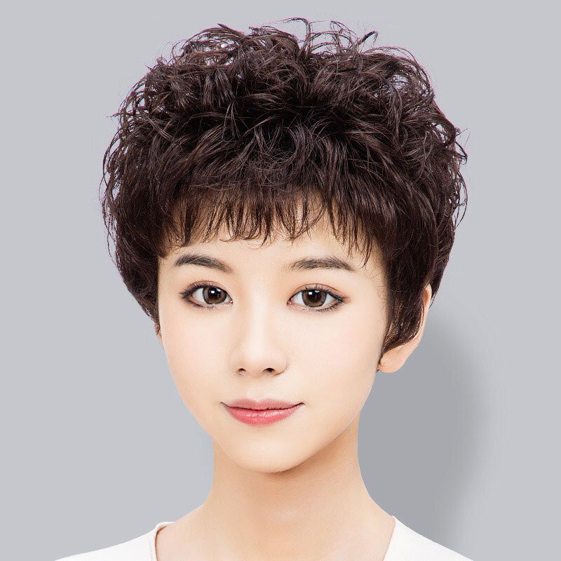 假发真发女士全头套短卷发妈妈短发烫发发套中年真人发丝遮白发