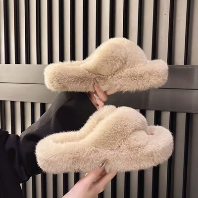 毛毛拖鞋交叉小香风ins百搭棉拖鞋秋冬季外穿毛绒绒轻便居家2025
