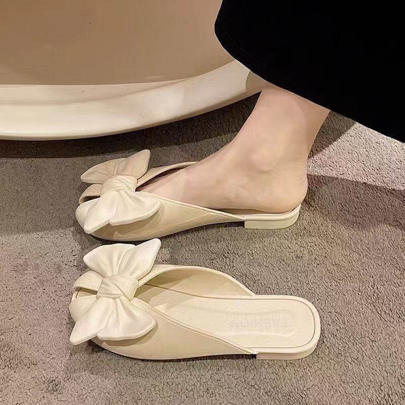 软底蝴蝶结网红包头半拖鞋女生夏外穿2025新款懒人平底鱼嘴凉拖鞋