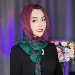 2026春夏新款渐变压皱辫子头巾女百搭遮阳防晒丝巾帽旅行拍照围巾