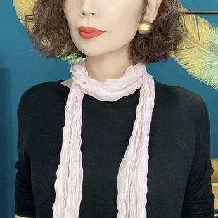 窄细长条棉麻围巾女2026春季新款韩版薄款褶皱百搭洋气长丝巾围脖