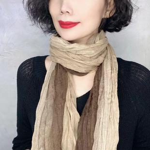 2026春夏新款棉麻围巾女长款文艺复古褶皱丝巾百搭时尚薄款围脖