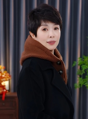 2025秋冬新款针织绵羊毛帽子女百搭护颈保暖纽扣围巾一体连帽围脖