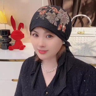 2025秋冬季新款时尚百搭包头帽高端刺绣花朵遮白发保暖帽