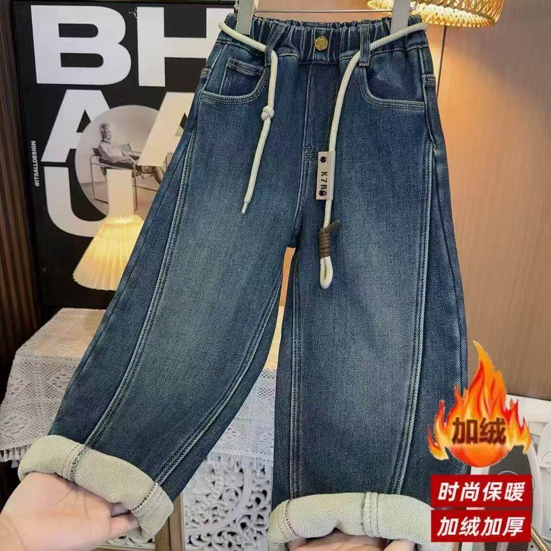 儿童牛仔长裤2025新款加绒洋气宽松女童直筒弯刀时尚老爹裤韩版潮