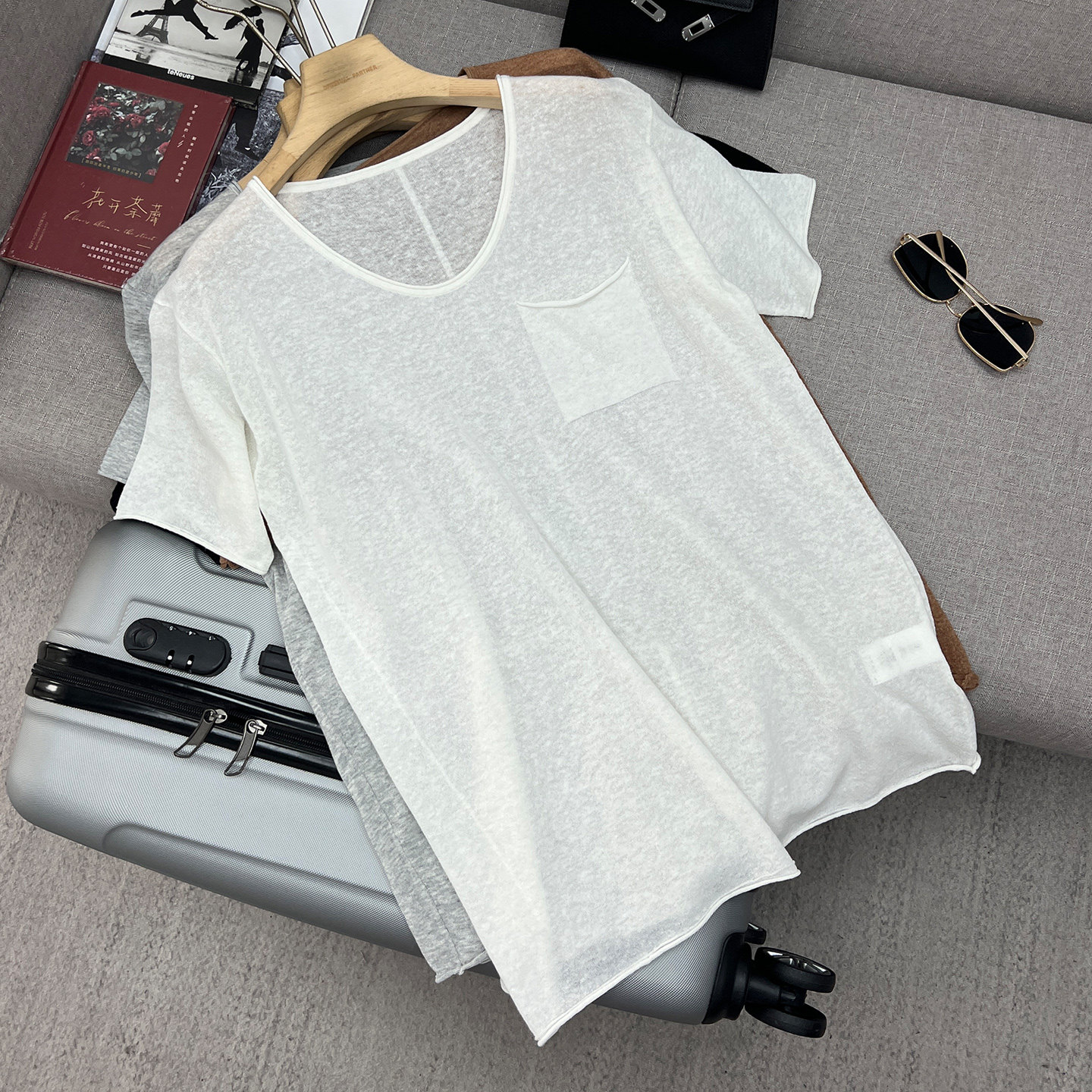 亚麻+棉~薄款老钱风简约U领宽松显瘦百搭休闲口袋短袖空气T恤上衣