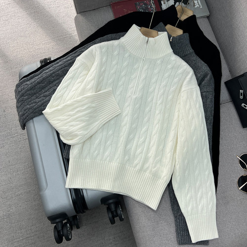 绵羊毛老钱风半拉链毛衣针织衫女