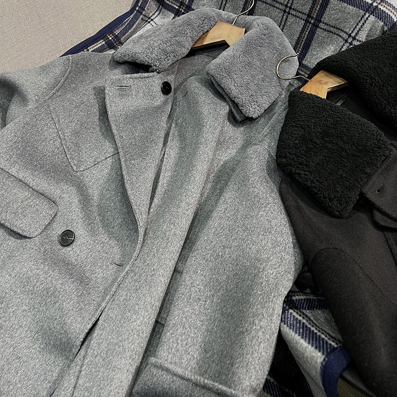 [扎实的高级感]羊羔毛领可拆卸羊毛羊绒中长款双面毛呢大衣外套女