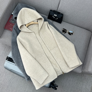 美丽诺羊毛M刺绣简约连帽拉链宽松休闲显瘦毛呢外套大衣女 山羊绒