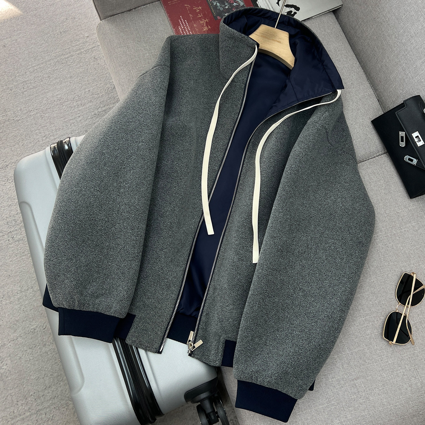 MIU系~中性风抽绳立领拉链两面穿夹克女宽松百搭休闲长袖显瘦外套,女装/女士精品,短外套,淘宝优惠券,粉丝福利购,淘宝优惠卷