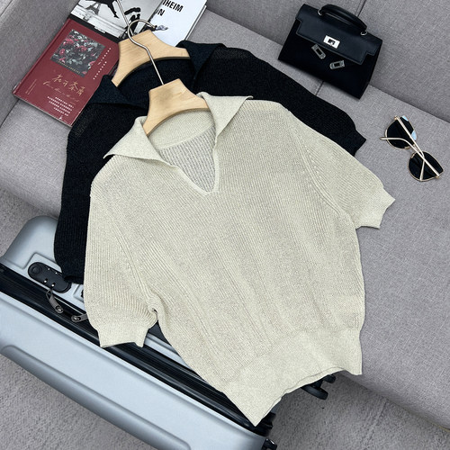 老钱和纸纱镂空POLO领短袖针织衫
