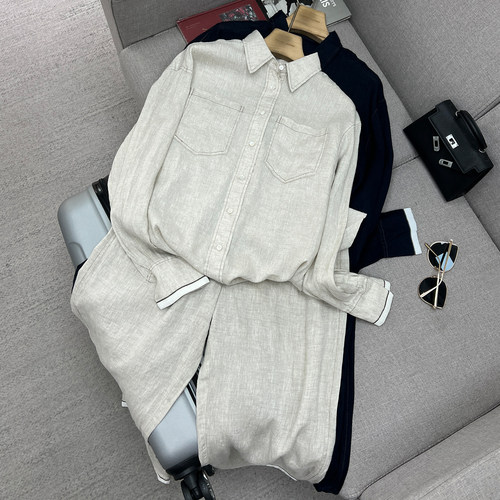 亚麻拼接桑蚕丝老钱风时尚套装女
