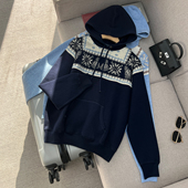 100长绒棉 日系小众费尔岛提花连帽卫衣女慵懒风宽松显瘦复古上衣