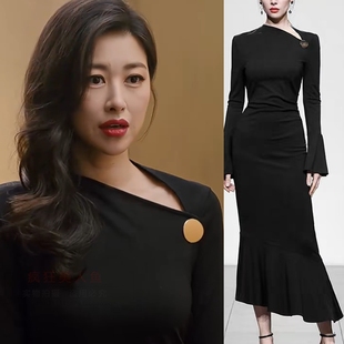 他为什么依然单身朱珠顾叶嘉同款定制显瘦喇叭袖黑色连衣裙鱼尾裙