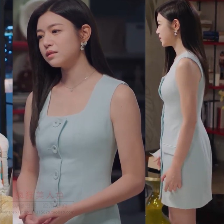 狙击蝴蝶陈妍希岑矜同款定制收腰显瘦无袖纽扣时尚连衣裙A字裙女