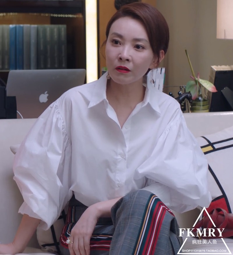 逆流而上的你高红旗刘威葳同款复古宽松灯笼袖白色衬衫拼色长裤女