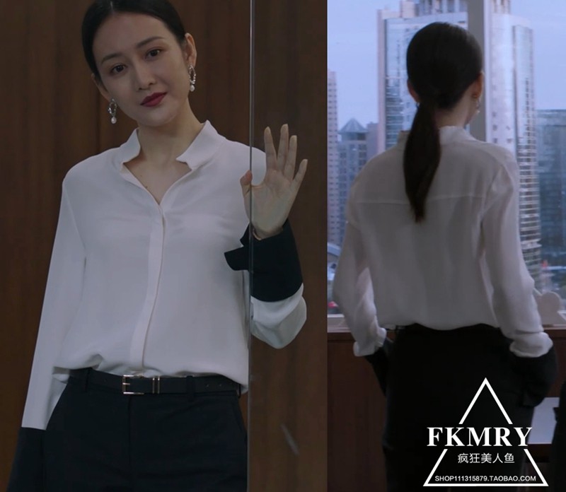 精英律师王鸥蓝红明星同款韩版宽松设计感小众拼接袖口白色衬衫女