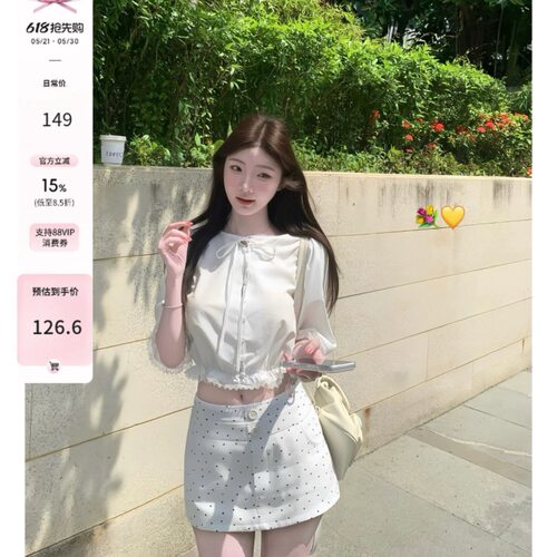 白水女 圆圆古董少女 天丝棉泡泡衬衫女夏拼接镂空蕾丝纯欲上衣