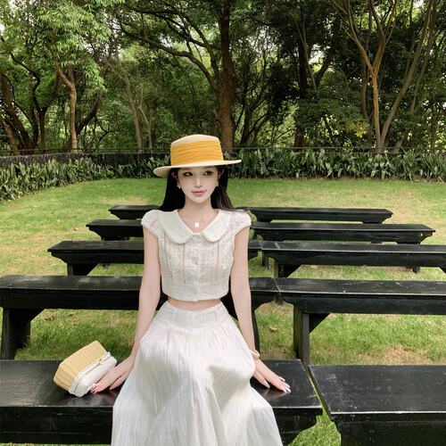 实拍白色套装女夏季衬衫+半身短裙两件套