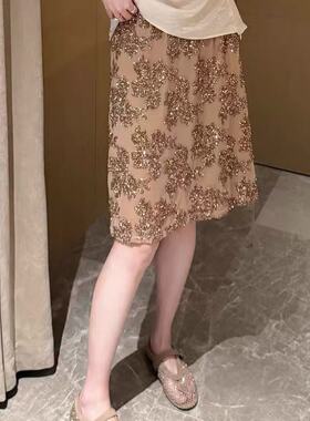 YUYU WANG茉褶  重工珠片绣短裙女夏季复古法式亮片A字半身裙