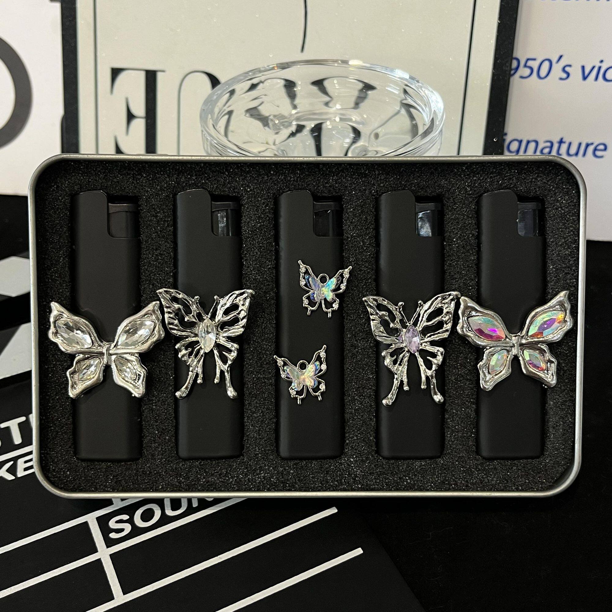 新款高级感磨砂黑充气打火机轻奢蝴蝶配饰个性创意男女友礼物闺蜜