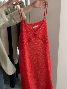 夏季 新款 现货 运费险 红色波段吊带裙女休闲减龄显瘦百搭连衣裙