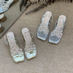 罗马鞋 女鞋 银色韩系凉鞋 设计感小众高跟鞋 法式 凉拖时尚 女夏季 拖鞋
