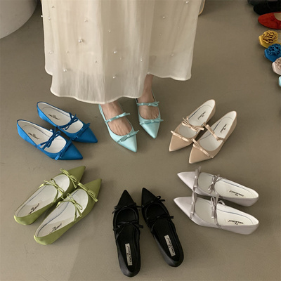 温柔芭蕾风缎面内增高玛丽珍鞋女单鞋2025新款尖头蝴蝶结小众瓢鞋