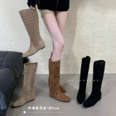 长靴女2026秋季 绒面女靴平底靴子内增高长筒靴小众镂空高筒靴 新款
