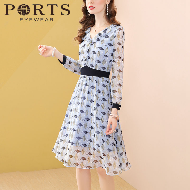 Ports/宝姿春季2021新款法式V领雪纺连衣裙女长袖减龄显瘦中长款