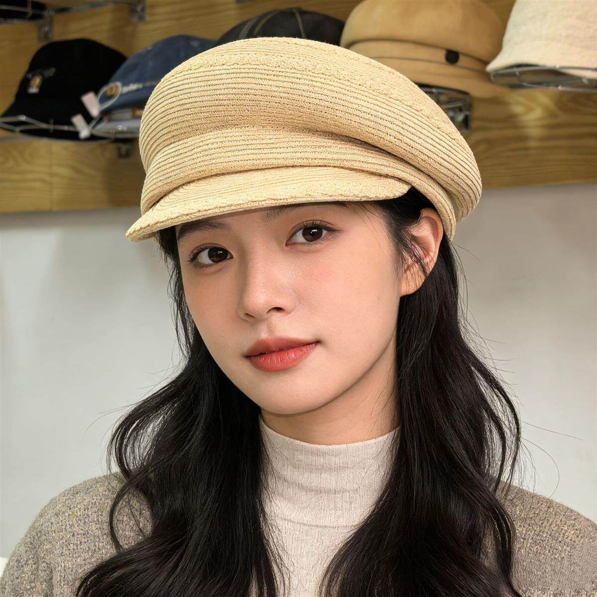 日系老钱风立体麻花辫草编报童帽女夏季宽檐简约不对称鸭舌贝雷帽
