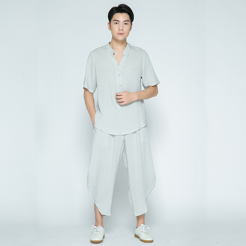 2023夏季新款太极拳练功服士成人练功服中国风亚麻短袖套装男