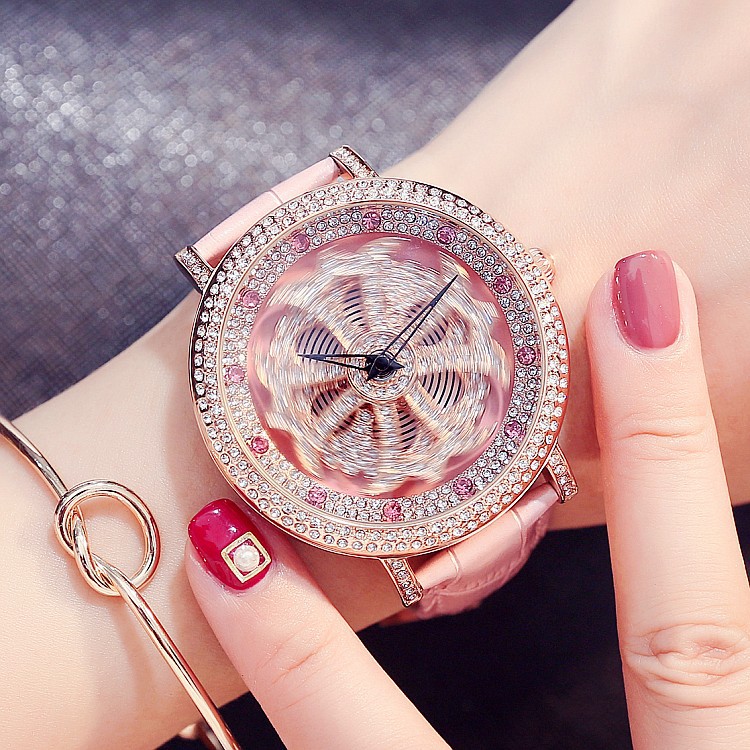 LRUISI 女款 会转动 潮流个性 时尚 紫色皮表带 镶钻女士手表