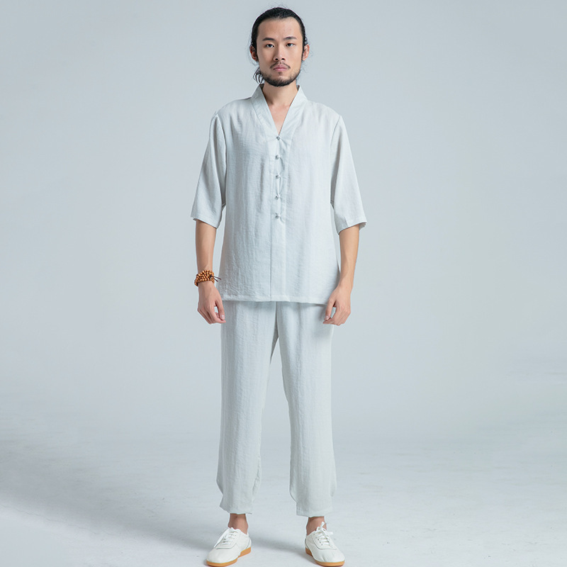 士民族纽扣休闲亚麻中国风短袖衬衫武农2023春夏太极拳服男