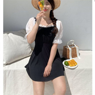韩国insswimsuit2021泳衣女 保守遮肚显瘦泡温泉甜美短袖 连体裙式