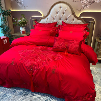 中式大红色婚庆80支长绒棉四件套全棉简约刺绣纯棉被套床上用品