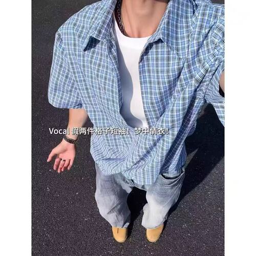美式复古格纹刺绣短袖衬衫男女夏季宽松POLO衫T恤设计感情侣外套