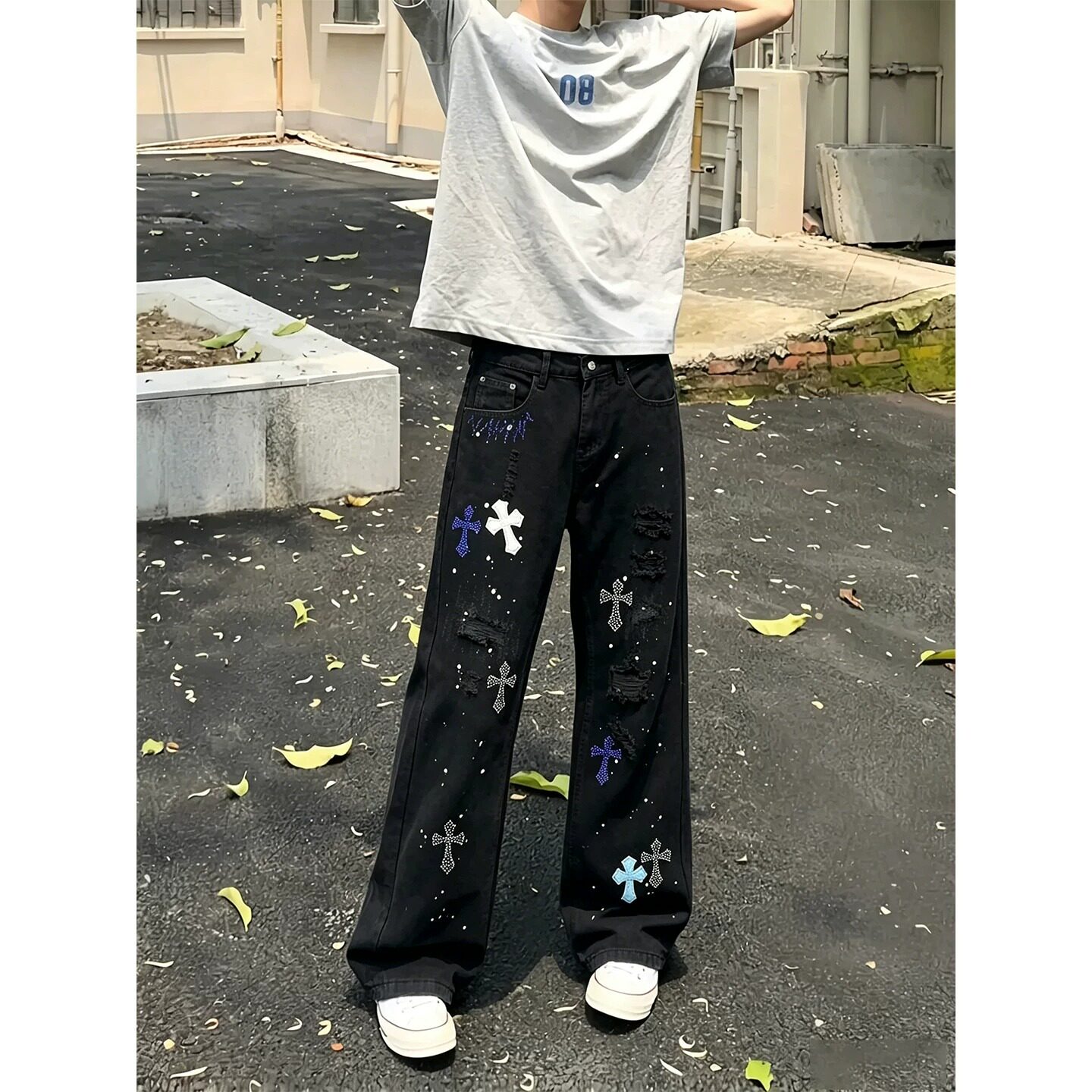 美式高街破洞十字架牛仔裤男夏季薄款潮牌烫钻设计感直筒微喇长裤