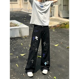 美式高街破洞十字架牛仔裤男夏季薄款潮牌烫钻设计感直筒微喇长裤