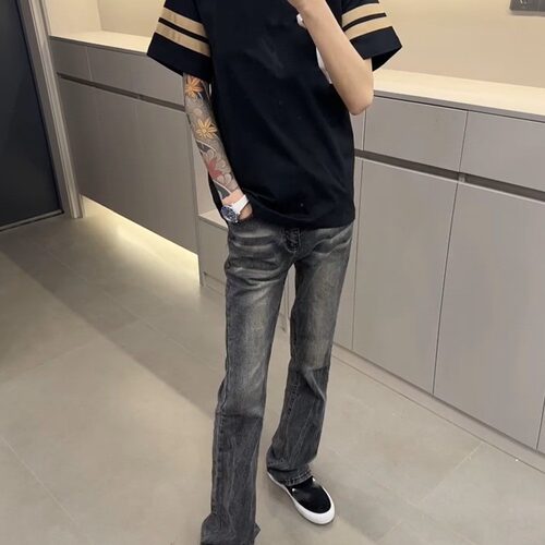现货美式高街vibe风重磅水洗黑牛517cleanfit微喇修身牛仔裤男装